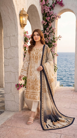 Gull-e-Rukh Silsla Book #691 Cream Gold Embellished 3 Piece Unstitched Festive Lawn Suit | Printed Slub Lawn Front with Lace Work Dupatta & Comfort Trouser