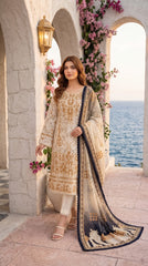 Gull-e-Rukh Silsla Book #691 Cream Gold Embellished 3 Piece Unstitched Festive Lawn Suit | Printed Slub Lawn Front with Lace Work Dupatta & Comfort Trouser