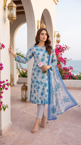 M Line Grey Blue Rose Print Lawn Suit