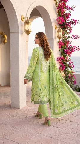 Meeraki by Laiba Collection Vol-717 Art-03 Lime Green Floral 2 Piece Unstitched Premium Lawn Suit | Digital Print Embroidery Shirt with Milky Lace Dupatta