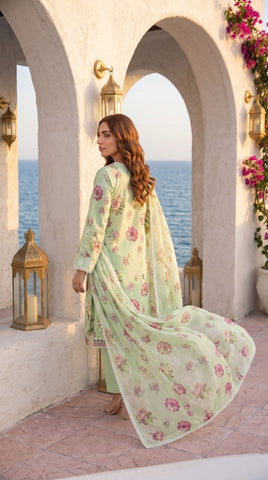 Laiba Collection Vol-735 Mint Green Floral 3 Piece Unstitched Premium Lawn Suit Art-06 | Digital Print Embroidery Shirt with Milky Lace Dupatta