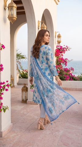 M Line Grey Blue Rose Print Lawn Suit