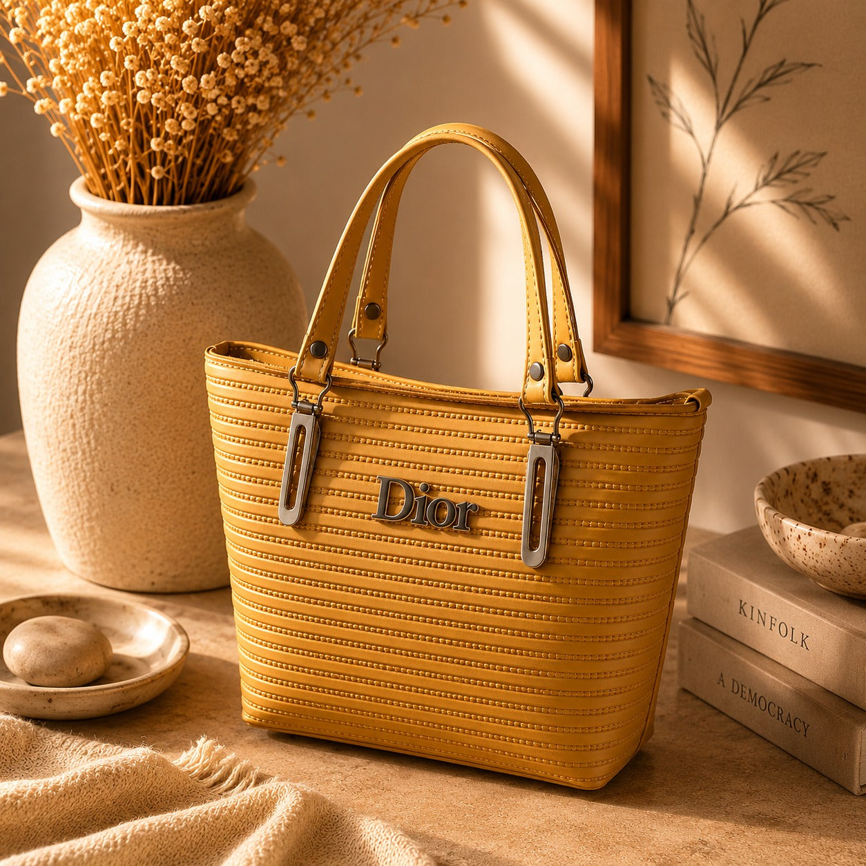 Rashida Luxe Mustard Ribbed Tote Bag with Strap | Women Handbag Pakistan