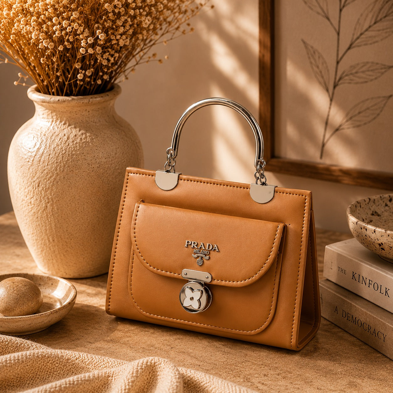 Rashida Luxe Tan Structured Mini Top Handle Bag with Strap | Women Handbag Pakistan