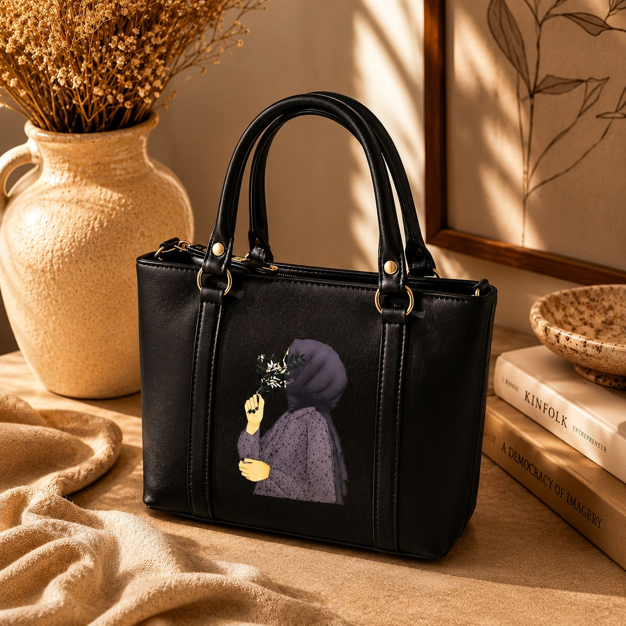 Rashida Luxe Black Hijabi Art Mini Tote Bag with Strap | Women Handbag Pakistan