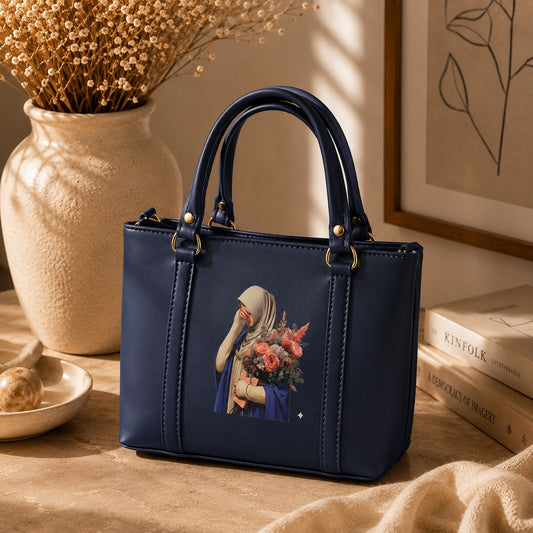 Rashida Luxe Navy Blue Hijabi Art Mini Tote Bag with Strap | Women Handbag Pakistan