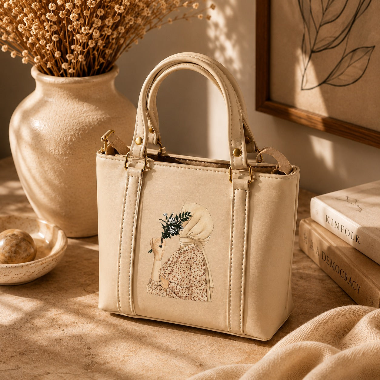 Rashida Luxe Cream Hijabi Art Mini Tote Bag with Strap | Women Handbag Pakistan