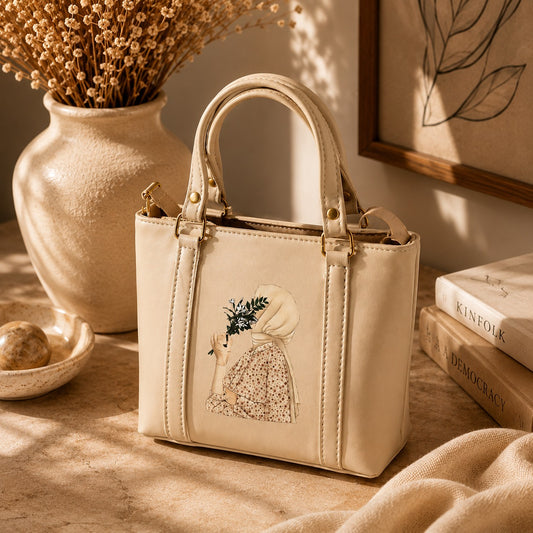 Rashida Luxe Cream Hijabi Art Mini Tote Bag with Strap | Women Handbag Pakistan