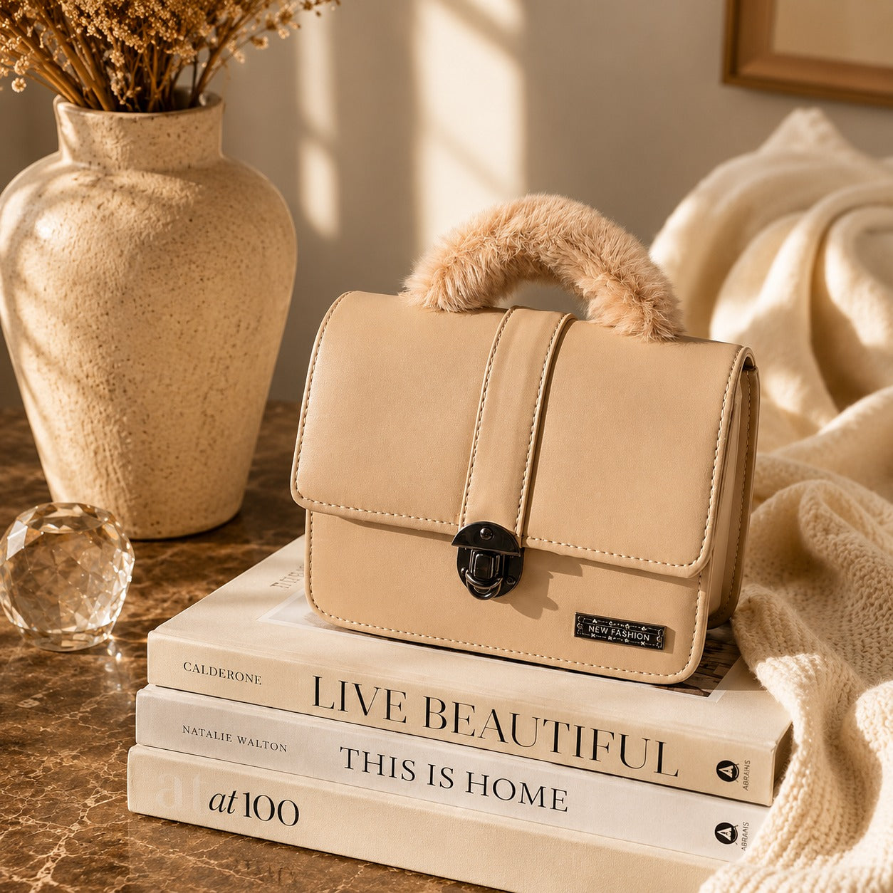 Rashida Luxe Beige Fur Handle Mini Handbag with Shoulder Strap | Women Handbag in Pakistan