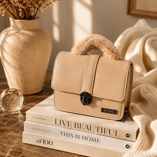 Rashida Luxe Beige Fur Handle Mini Handbag with Shoulder Strap | Women Handbag in Pakistan