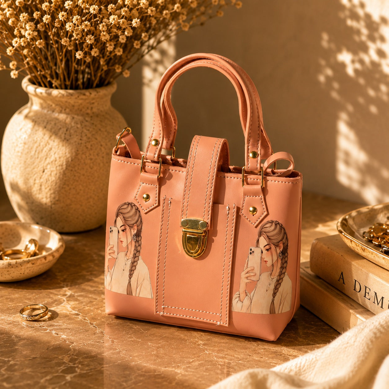 Rashida Luxe Peach Cute Girl Print Mini Tote Handbag with Shoulder Strap | Women Bag Pakistan
