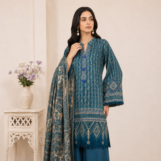 Bonanza Satrangi KAI Teal Blue Geometric Printed Lawn 3-Piece Suit | Summer 2026