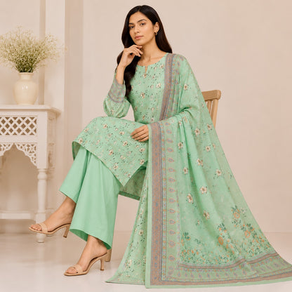 Al Karam Classic Pista Green White Floral Printed Lawn 3-Piece Suit | Summer 2026