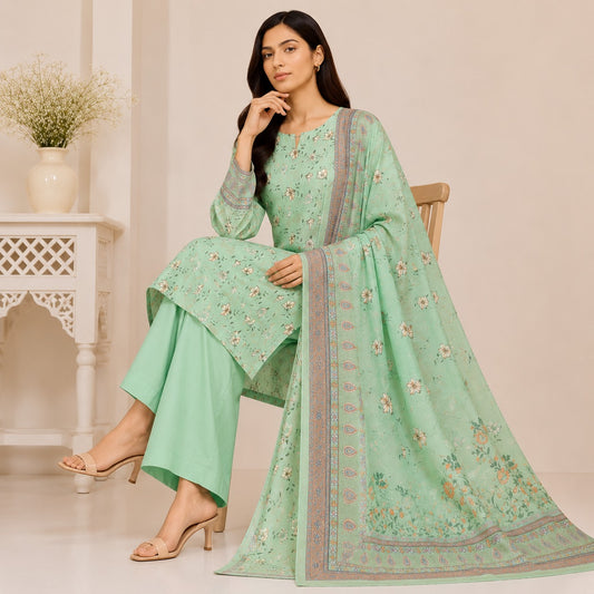 Al Karam Classic Pista Green White Floral Printed Lawn 3-Piece Suit | Summer 2026
