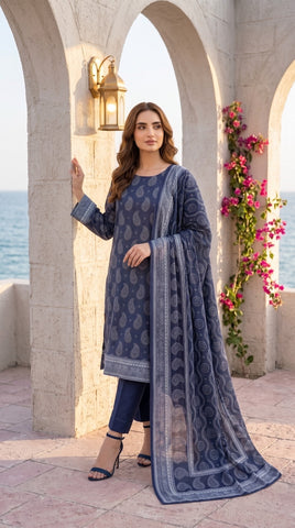 Bin Saeed Navy Blue Ethnic Print Lawn Suit