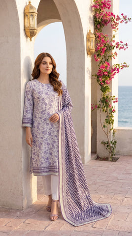 Bin Saeed White Floral Navy Chevron Lawn Suit