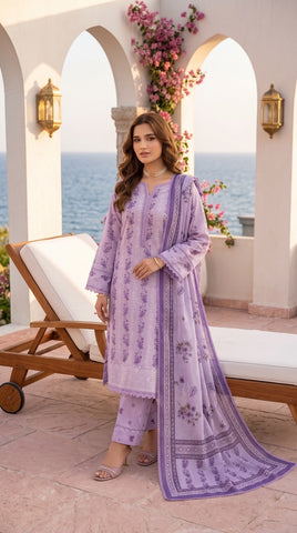 Print Kari by Noor Fatima Vol-1572 Lavender 3 Piece Unstitched Premium Lawn Suit | Daman Lace Embroidered Shirt with Digital Printed Dupatta & Trouser