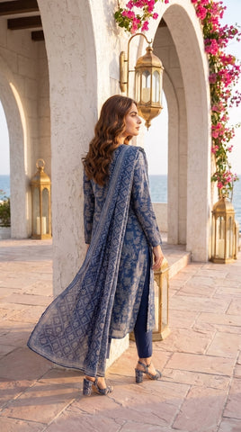 Bin Saeed Navy Blue Floral Geometric Lawn Suit
