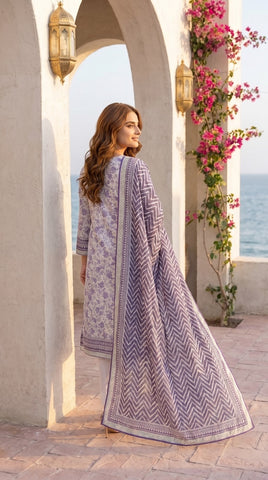Bin Saeed White Floral Navy Chevron Lawn Suit