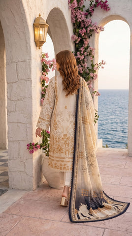Gull-e-Rukh Silsla Book #691 Cream Gold Embellished 3 Piece Unstitched Festive Lawn Suit | Printed Slub Lawn Front with Lace Work Dupatta & Comfort Trouser